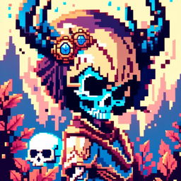 Pixel art profile picture featuring a detailed skull rendered in shades of electric blue against a fantasy background filled with pixelated mythical creatures and enchanted forests