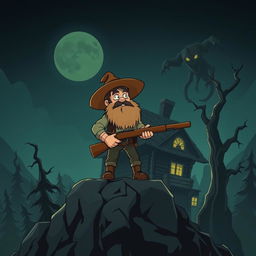 A rugged man with a thick beard standing atop a mountain, living in a spooky, animated-style cabin