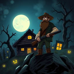 A rugged man with a thick beard standing atop a mountain, living in a spooky, animated-style cabin
