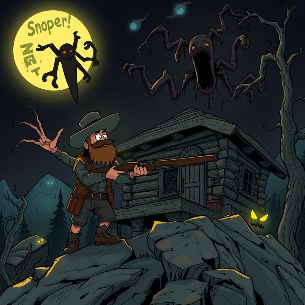 A rugged man with a thick beard standing atop a mountain, living in a spooky, animated-style cabin