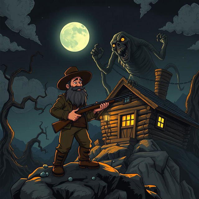 A rugged man with a thick beard standing atop a mountain, living in a spooky, animated-style cabin