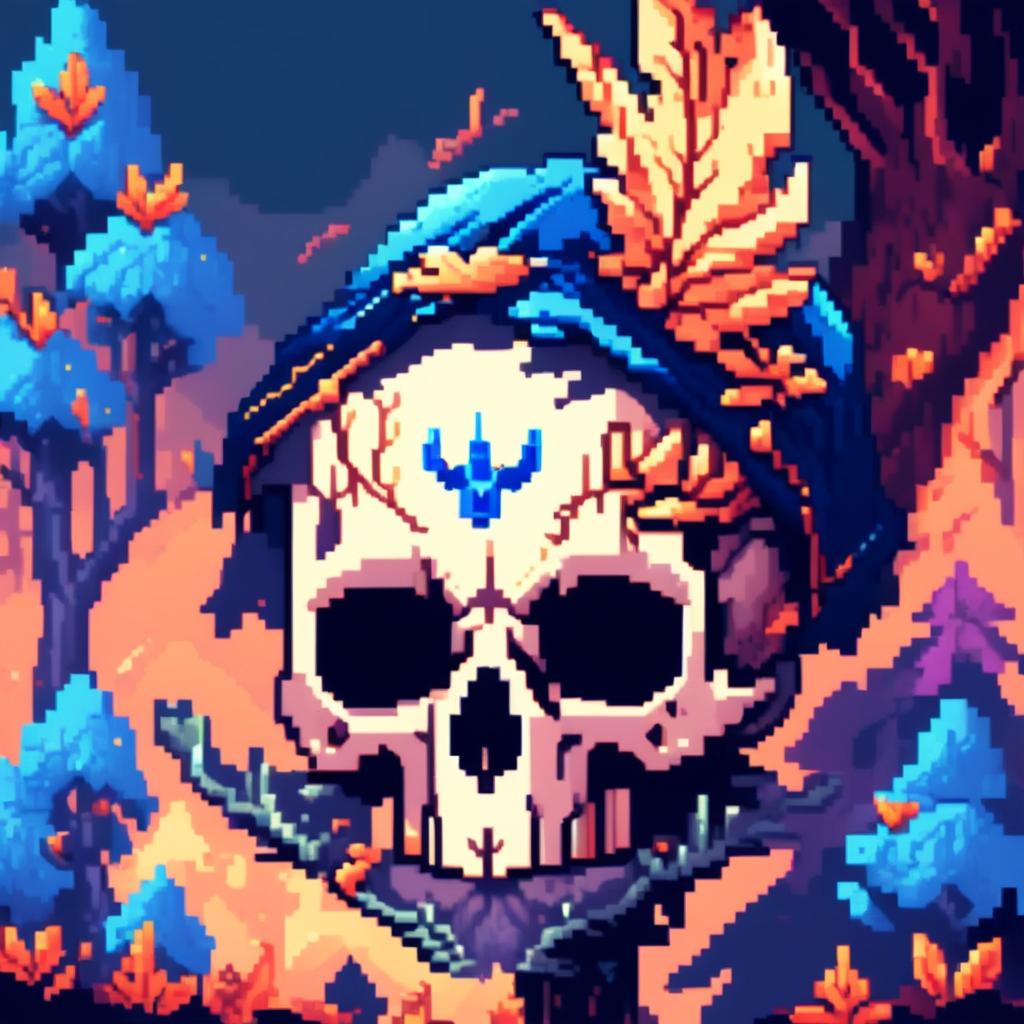 Pixel art profile picture featuring a detailed skull rendered in shades of electric blue against a fantasy background filled with pixelated mythical creatures and enchanted forests