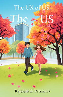 A heartwarming book cover illustration depicting a boy and girl in love, walking hand in hand on a lush green lawn