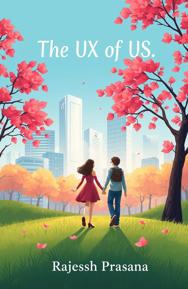 A heartwarming book cover illustration depicting a boy and girl in love, walking hand in hand on a lush green lawn