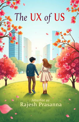 A heartwarming book cover illustration depicting a boy and girl in love, walking hand in hand on a lush green lawn