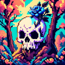 Pixel art profile picture featuring a detailed skull rendered in shades of electric blue against a fantasy background filled with pixelated mythical creatures and enchanted forests