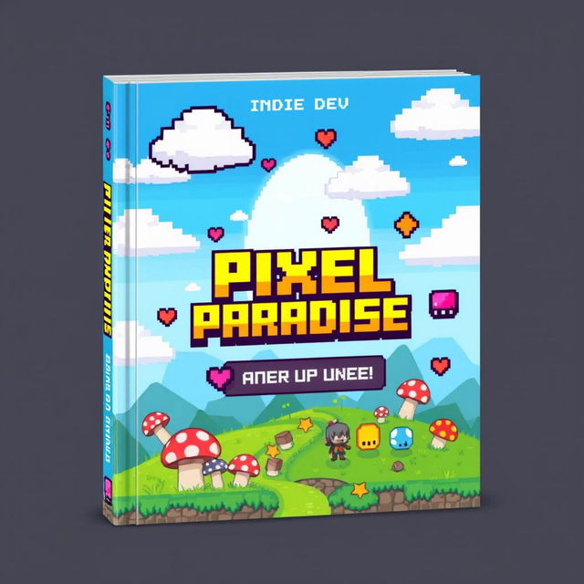 A vibrant and colorful book cover design for 'Pixel Paradise' by Indie Dev, featuring a retro gaming adventure theme