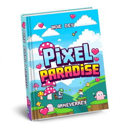 A vibrant and colorful book cover design for 'Pixel Paradise' by Indie Dev, featuring a retro gaming adventure theme