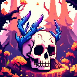 Pixel art profile picture featuring a detailed skull rendered in shades of electric blue against a fantasy background filled with pixelated mythical creatures and enchanted forests