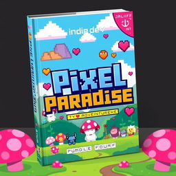 A vibrant and colorful book cover design for 'Pixel Paradise' by Indie Dev, featuring a retro gaming adventure theme