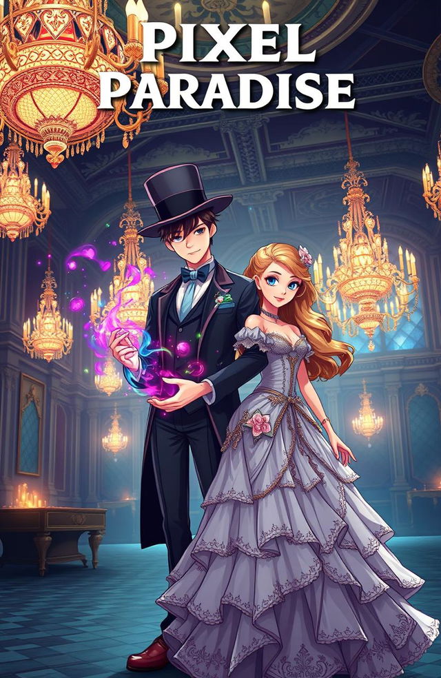 A captivating book cover for 'Pixel Paradise' featuring a male character wearing a top hat, with colorful magic sparks emanating from his hands, standing confidently beside a female character adorned in an elegant, beautifully designed dress