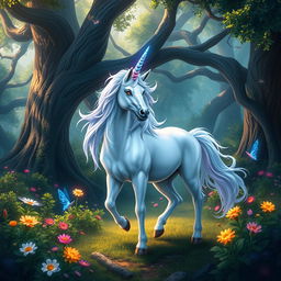 A mystical unicorn standing majestically in a vibrant fantasy forest, surrounded by glowing flowers and ancient trees