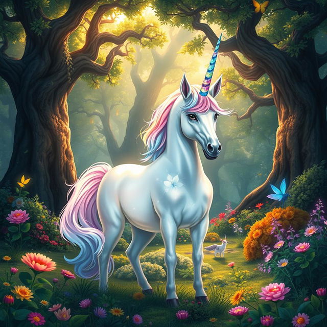 A mystical unicorn standing majestically in a vibrant fantasy forest, surrounded by glowing flowers and ancient trees