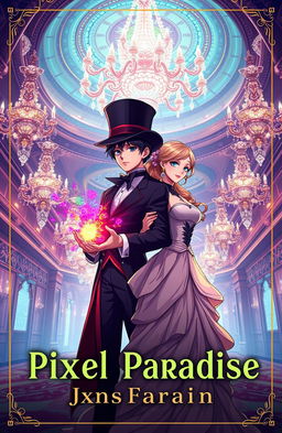 A captivating book cover for 'Pixel Paradise' featuring a male character wearing a top hat, with colorful magic sparks emanating from his hands, standing confidently beside a female character adorned in an elegant, beautifully designed dress