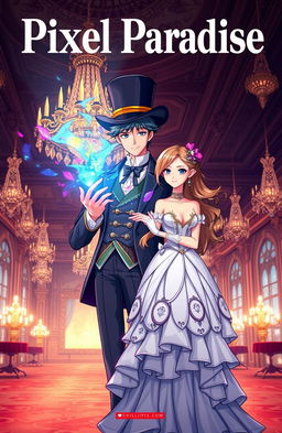 A captivating book cover for 'Pixel Paradise' featuring a male character wearing a top hat, with colorful magic sparks emanating from his hands, standing confidently beside a female character adorned in an elegant, beautifully designed dress