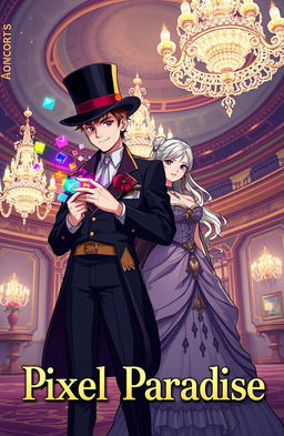 A captivating book cover for 'Pixel Paradise' featuring a male character wearing a top hat, with colorful magic sparks emanating from his hands, standing confidently beside a female character adorned in an elegant, beautifully designed dress