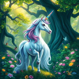 A mystical unicorn standing majestically in a vibrant fantasy forest, surrounded by glowing flowers and ancient trees
