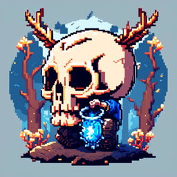 Pixel art profile picture featuring a detailed skull rendered in shades of electric blue against a fantasy background filled with pixelated mythical creatures and enchanted forests