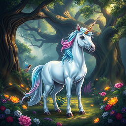 A mystical unicorn standing majestically in a vibrant fantasy forest, surrounded by glowing flowers and ancient trees