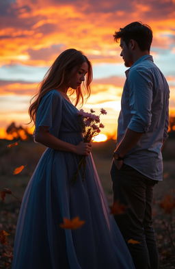 A beautifully illuminated scene capturing a bittersweet moment of a couple parting ways at sunset