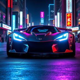 A futuristic car featuring sleek, aerodynamic design with neon headlights illuminating the scene