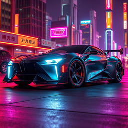 A futuristic car featuring sleek, aerodynamic design with neon headlights illuminating the scene