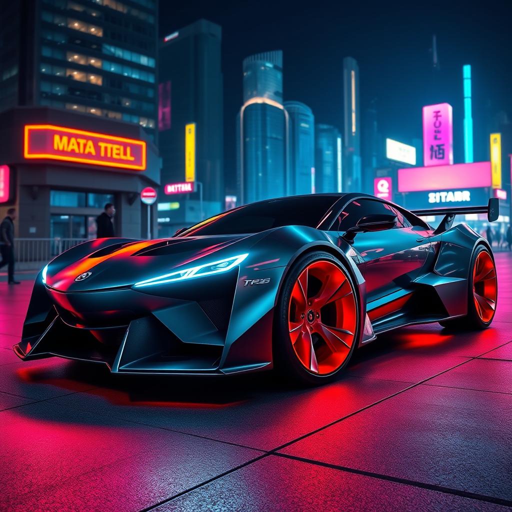 A futuristic car featuring sleek, aerodynamic design with neon headlights illuminating the scene