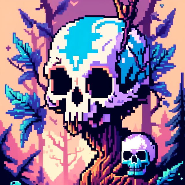 Pixel art profile picture featuring a detailed skull rendered in shades of electric blue against a fantasy background filled with pixelated mythical creatures and enchanted forests