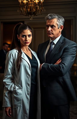 A dramatic scene depicting a strong, determined woman, a doctor, seemingly in her 30s, with long brown hair pulled back into a sleek ponytail, dressed in a white lab coat over professional attire