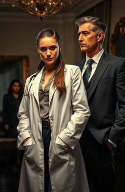 A dramatic scene depicting a strong, determined woman, a doctor, seemingly in her 30s, with long brown hair pulled back into a sleek ponytail, dressed in a white lab coat over professional attire