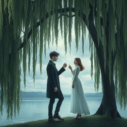 An evocative scene depicting a heart-wrenching farewell between two lovers beneath a weeping willow tree