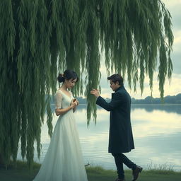 An evocative scene depicting a heart-wrenching farewell between two lovers beneath a weeping willow tree