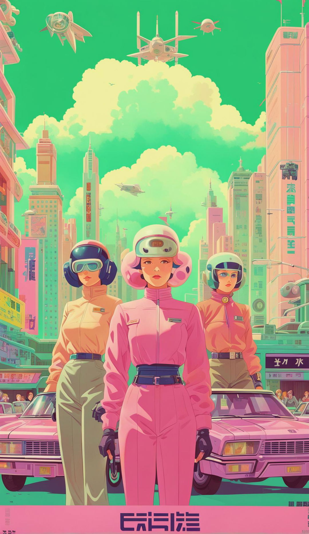 Retro sci-fi anime poster in 32k resolution with Wes Anderson-inspired vintage pastel color palette featuring futuristic cityscape and stylish characters