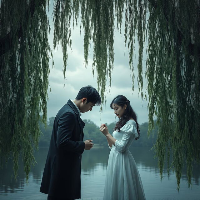 An evocative scene depicting a heart-wrenching farewell between two lovers beneath a weeping willow tree