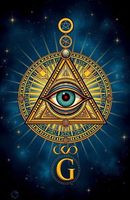 A detailed illustration of the Masonic Eye, also known as the All-Seeing Eye, prominently featured in a mystical and intricate design