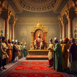 A grand Mughal court scene featuring Emperor Akbar seated on an elevated throne at the center, adorned in majestic royal attire, surrounded by a variety of ministers and courtiers dressed in elaborately designed traditional garments