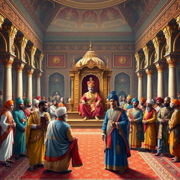 A grand Mughal court scene featuring Emperor Akbar seated on an elevated throne at the center, adorned in majestic royal attire, surrounded by a variety of ministers and courtiers dressed in elaborately designed traditional garments