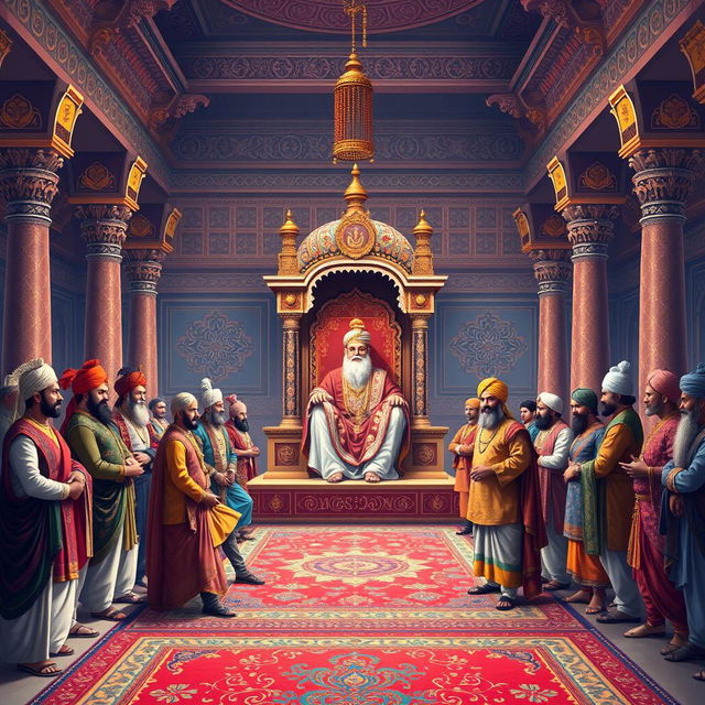 A grand Mughal court scene featuring Emperor Akbar seated on an elevated throne at the center, adorned in majestic royal attire, surrounded by a variety of ministers and courtiers dressed in elaborately designed traditional garments