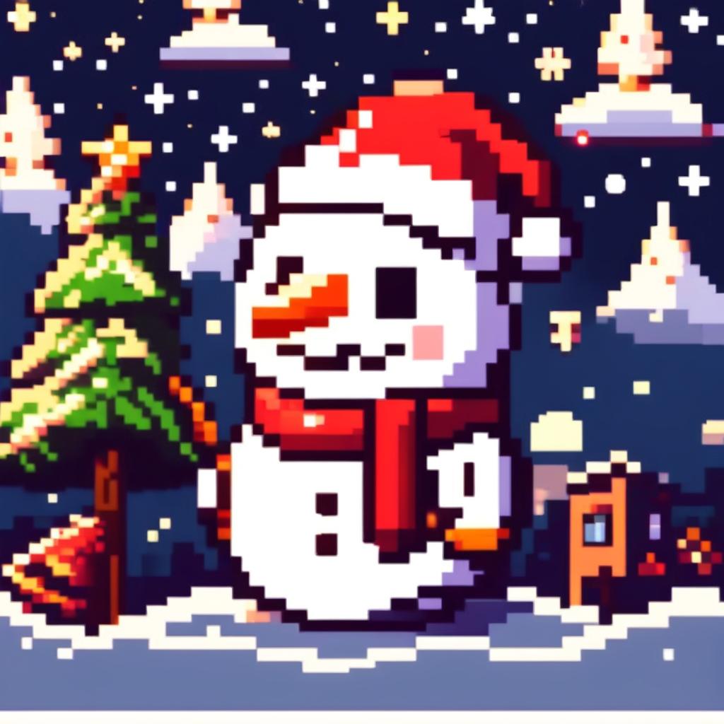 Pixel art PFP featuring a cute snowman with a Santa hat, standing next to a decorated Christmas tree under a starry night sky