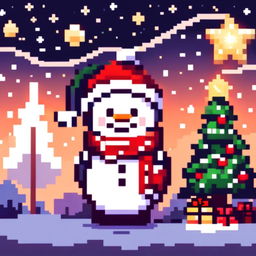 Pixel art PFP featuring a cute snowman with a Santa hat, standing next to a decorated Christmas tree under a starry night sky