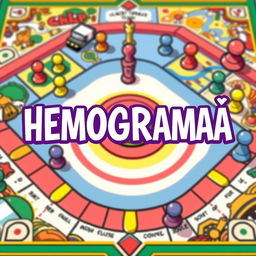 A vibrant and engaging illustration featuring a colorful board game as the background, with various game pieces displayed across a detailed game board