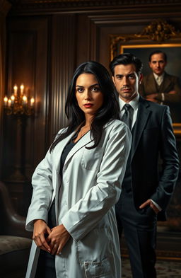 A dramatic scene depicting a strong, confident female doctor with long dark hair, dressed in a white lab coat over professional attire, stands protectively in front of her wealthy, handsome billionaire husband, who is in a tailored suit