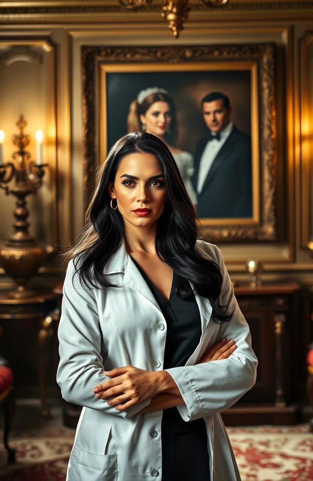 A dramatic scene depicting a strong, confident female doctor with long dark hair, dressed in a white lab coat over professional attire, stands protectively in front of her wealthy, handsome billionaire husband, who is in a tailored suit