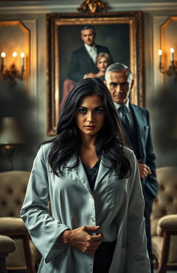 A dramatic scene depicting a strong, confident female doctor with long dark hair, dressed in a white lab coat over professional attire, stands protectively in front of her wealthy, handsome billionaire husband, who is in a tailored suit