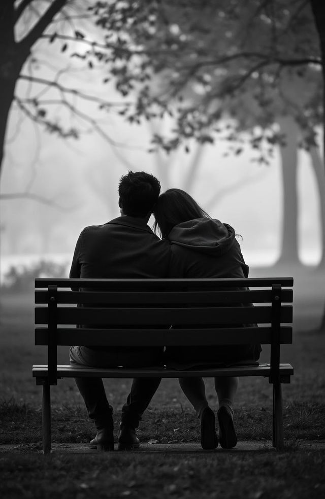 A melancholic scene depicting a sad love story in black and white, featuring a couple sitting on a park bench, their expressions filled with longing and heartbreak