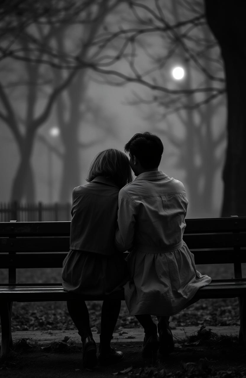 A melancholic scene depicting a sad love story in black and white, featuring a couple sitting on a park bench, their expressions filled with longing and heartbreak