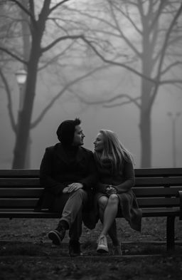 A melancholic scene depicting a sad love story in black and white, featuring a couple sitting on a park bench, their expressions filled with longing and heartbreak