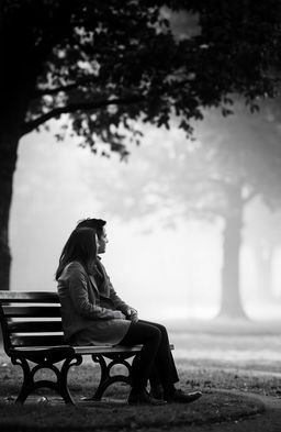 A melancholic scene depicting a sad love story in black and white, featuring a couple sitting on a park bench, their expressions filled with longing and heartbreak