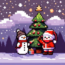 Pixel art PFP featuring a cute snowman with a Santa hat, standing next to a decorated Christmas tree under a starry night sky