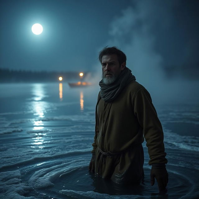 A poor man standing shivering in a cold lake during a winter night, dressed in simple, worn clothes